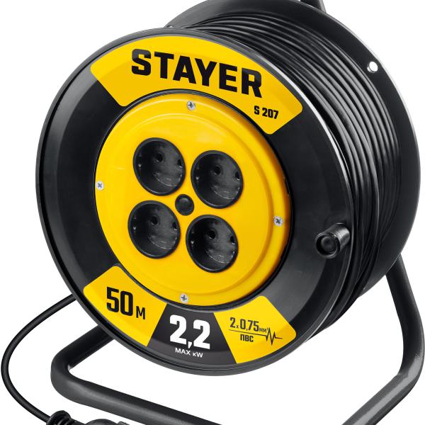 Удлинитель на катушке ПВС 2х0.75 50м 2200Вт,STAYER S 207 55073-50
